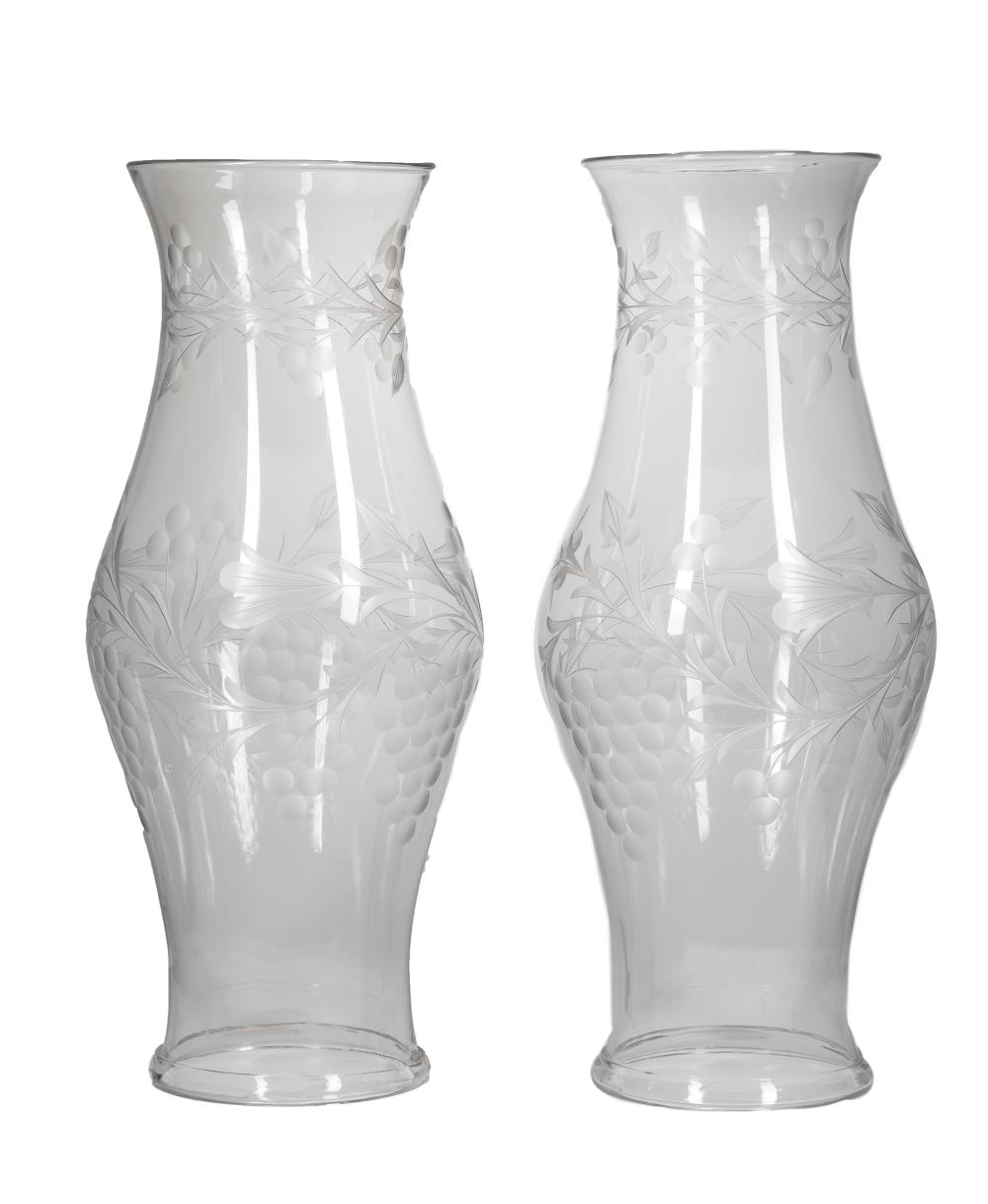 Appraisal: Pair of American or English Engraved Blown Glass Hurricane Shades