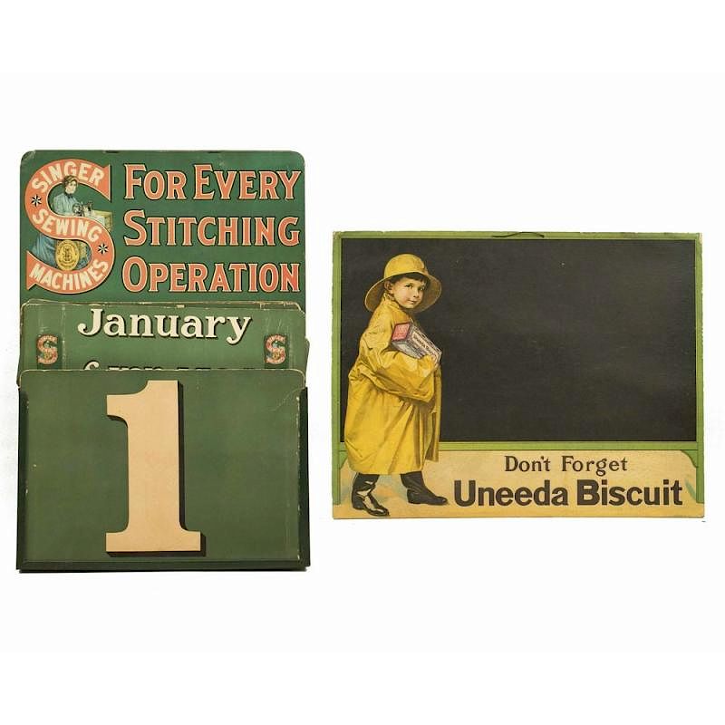 Appraisal: Two Assorted Advertisements - Uneeda Biscuit Tin Singer Sewing Calendar