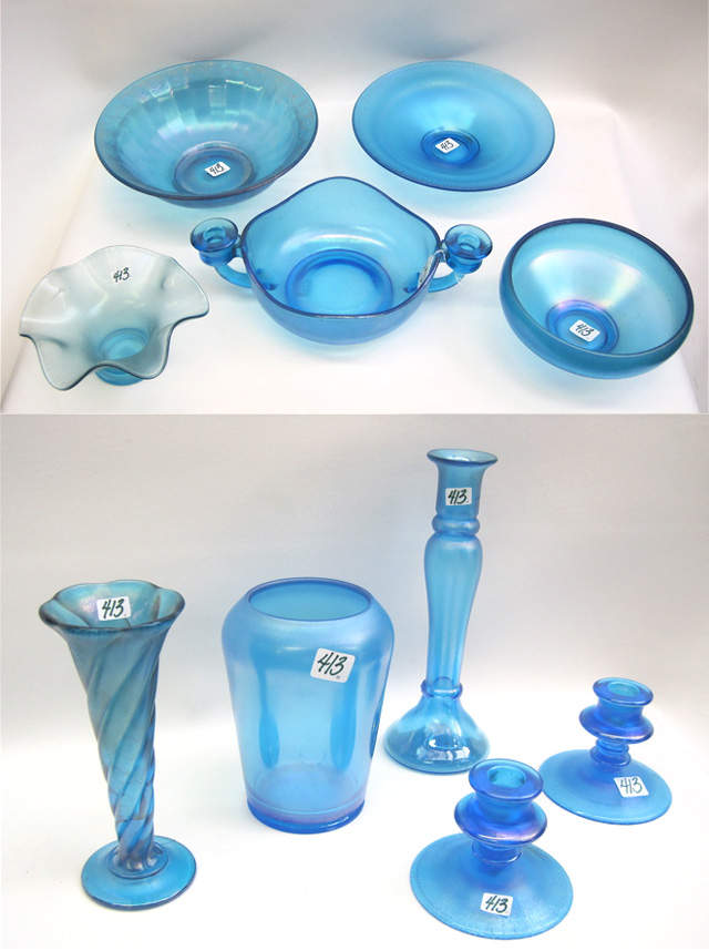 Appraisal: TEN PIECES BLUE STRETCH GLASS bowls to D vases to