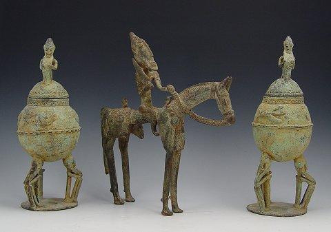 Appraisal: DOGON BRONZE HORSE PR LIDDED FIGURAL CENSORS Horse is ''