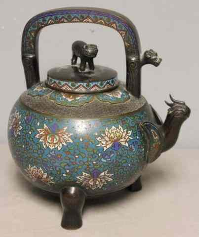 Appraisal: Japanese Bronze and Cloissone Kettle with AnimalFinial Signed on bottom