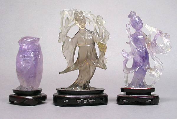 Appraisal: A group of three hardstone carvings Including an amethyst owl