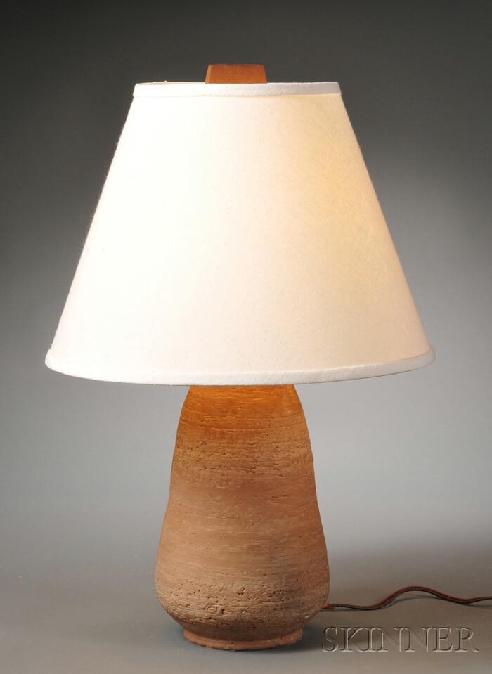 Appraisal: Blundell Stoneware Lamp Teak and earthenware Mid th century Teak