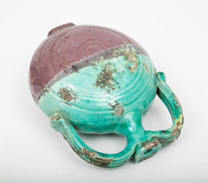 Appraisal: CHINESE TURQUOISE AND AUBERGINE-GLAZED POTTERY TWO-HANDLED MOON FLASK x in