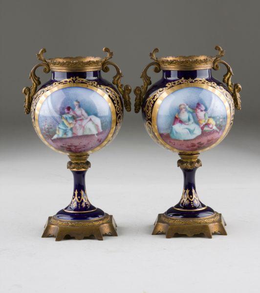 Appraisal: Pair of Hand-Painted Mantel Urns French porcelain late th c