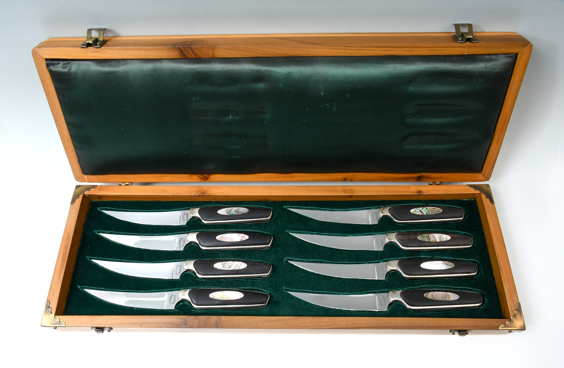 Appraisal: DICK ATKINSON ABALONE HANDLE STEAK KNIVES CASE Handsome Dick Atkinson