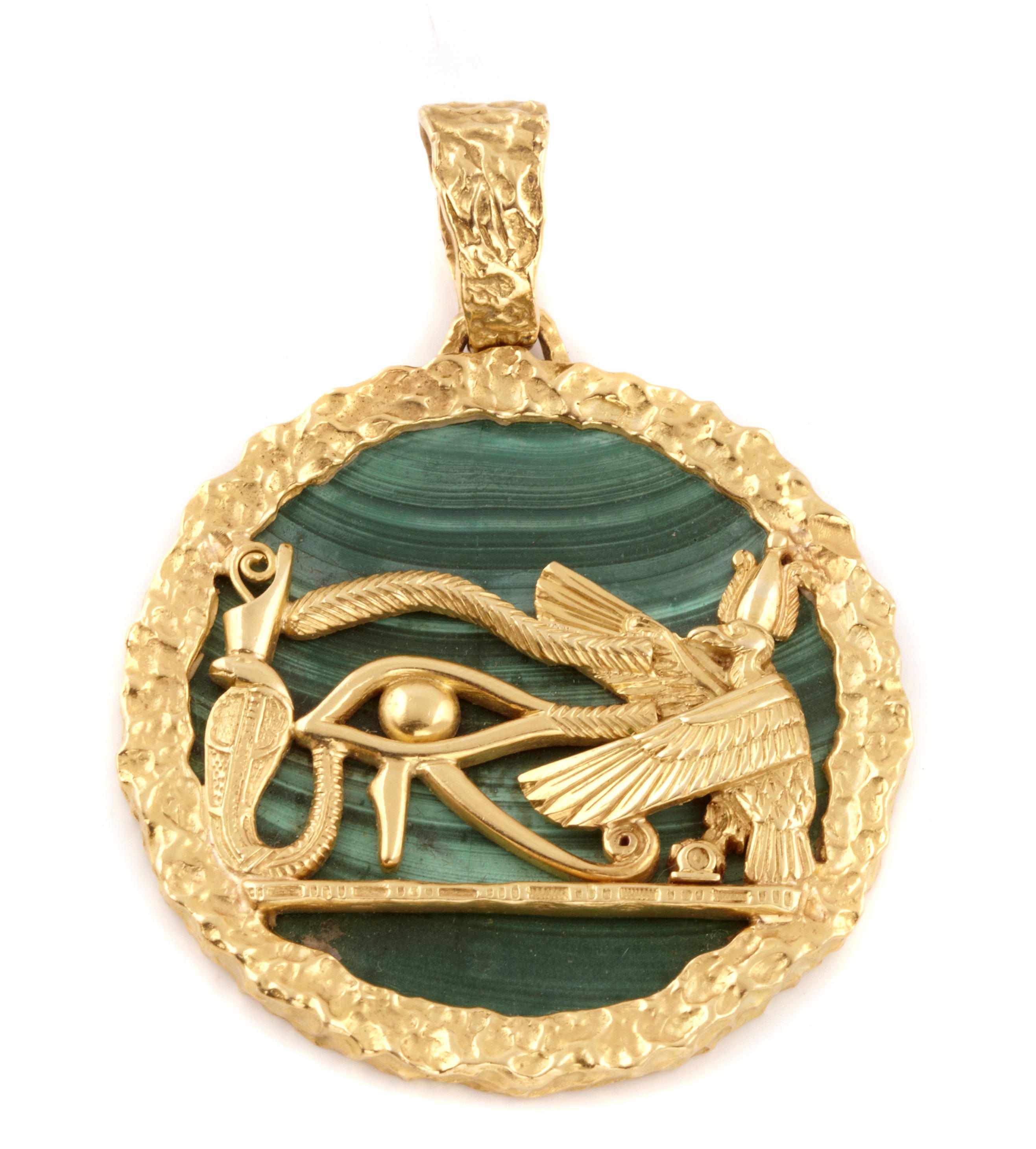 Appraisal: A malachite and k gold ''Egyptian'' motif pendant dimensions x