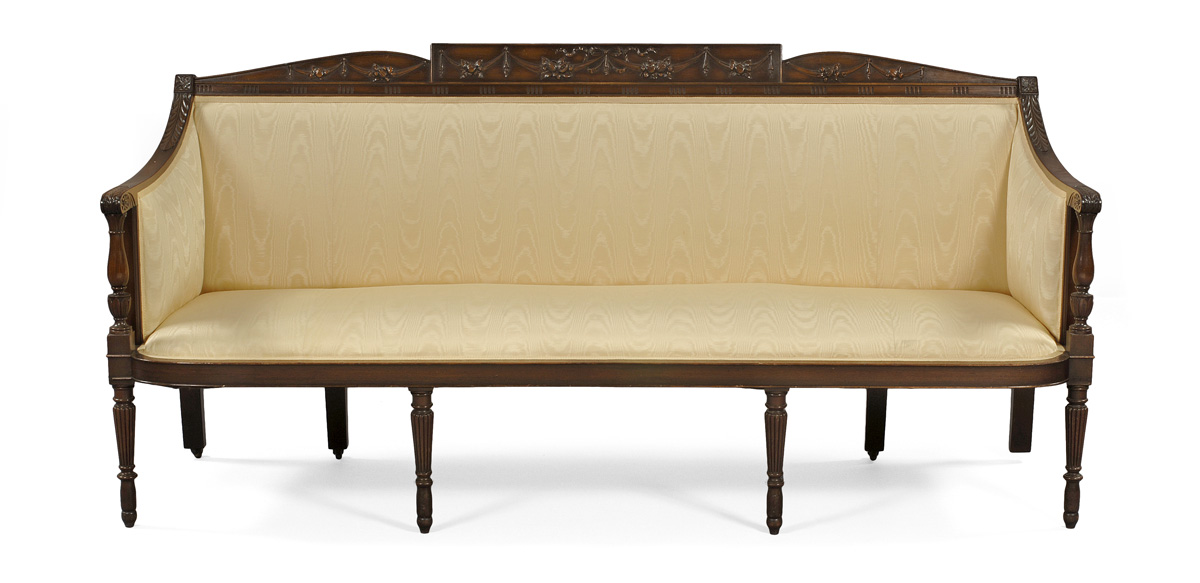 Appraisal: GEORGE III STYLE CARVED MAHOGANY AND YELLOW DAMASK UPHOLSTERED SOFA