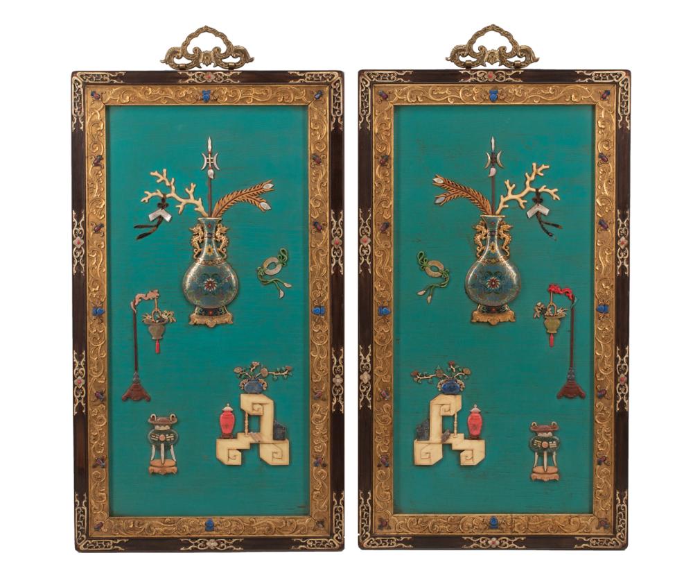 Appraisal: Pair of Chinese Painted and Hardstone and Cloisonne Embellished Wall