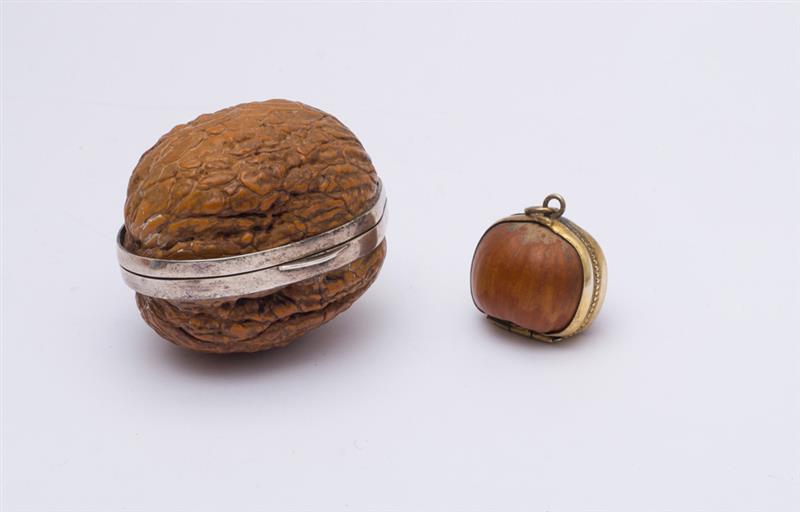 Appraisal: CONTINENTAL SILVER MOUNTED WALNUT PILL BOX Together with two brass-mounted