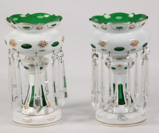 Appraisal: PAIR OF GREEN BOHEMIAN GLASS PRISMED LUSTERS WITH WHITE ENAMEL