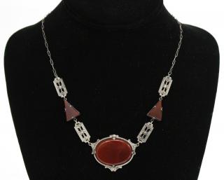 Appraisal: Art Deco Silver Carnelian Marcasite Necklace Sterling silver the stones