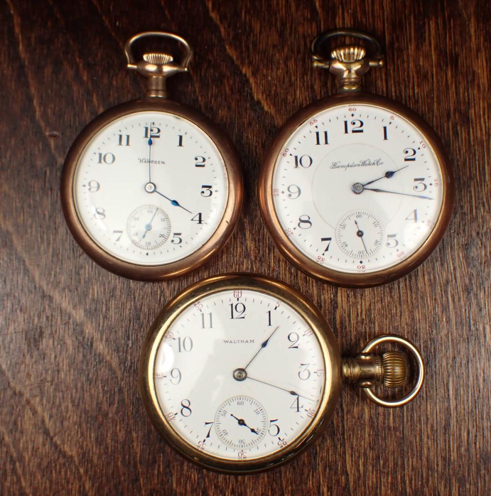 Appraisal: THREE OPEN FACE POCKET WATCHES Waltham model grade size s