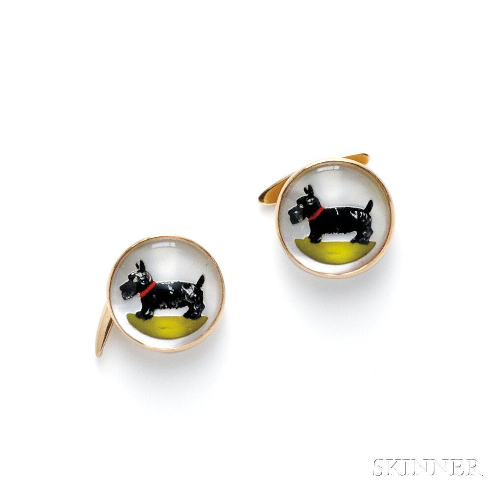 Appraisal: kt Gold and Reverse painted Crystal Cuff Links each depicting