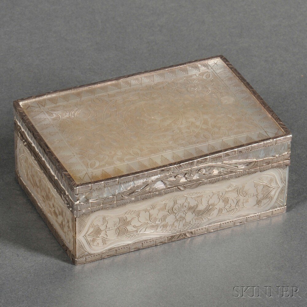 Appraisal: Silver-mounted Mother-of-pearl Box Continental possibly France th th century rectangular