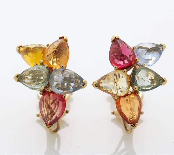 Appraisal: A pair of multi-color sapphire clip-earrings Nardi unsigned attributed to