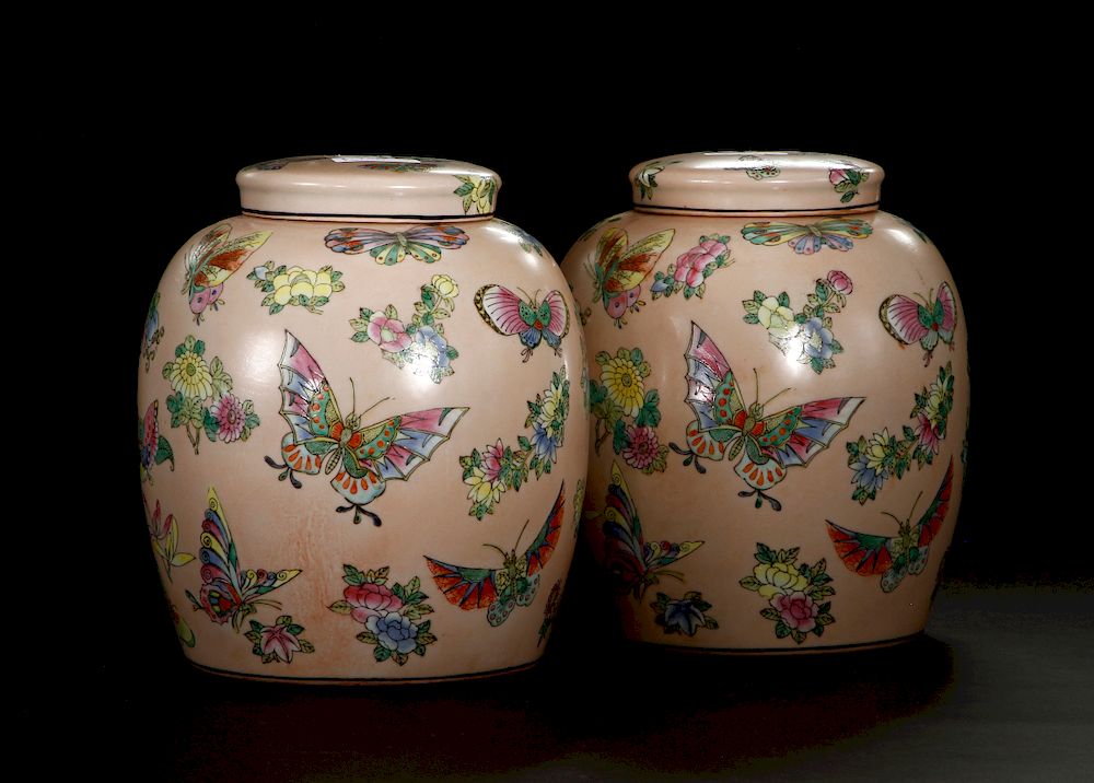 Appraisal: Pair of Peach Ground Famille Rose Ginger Jars With lids