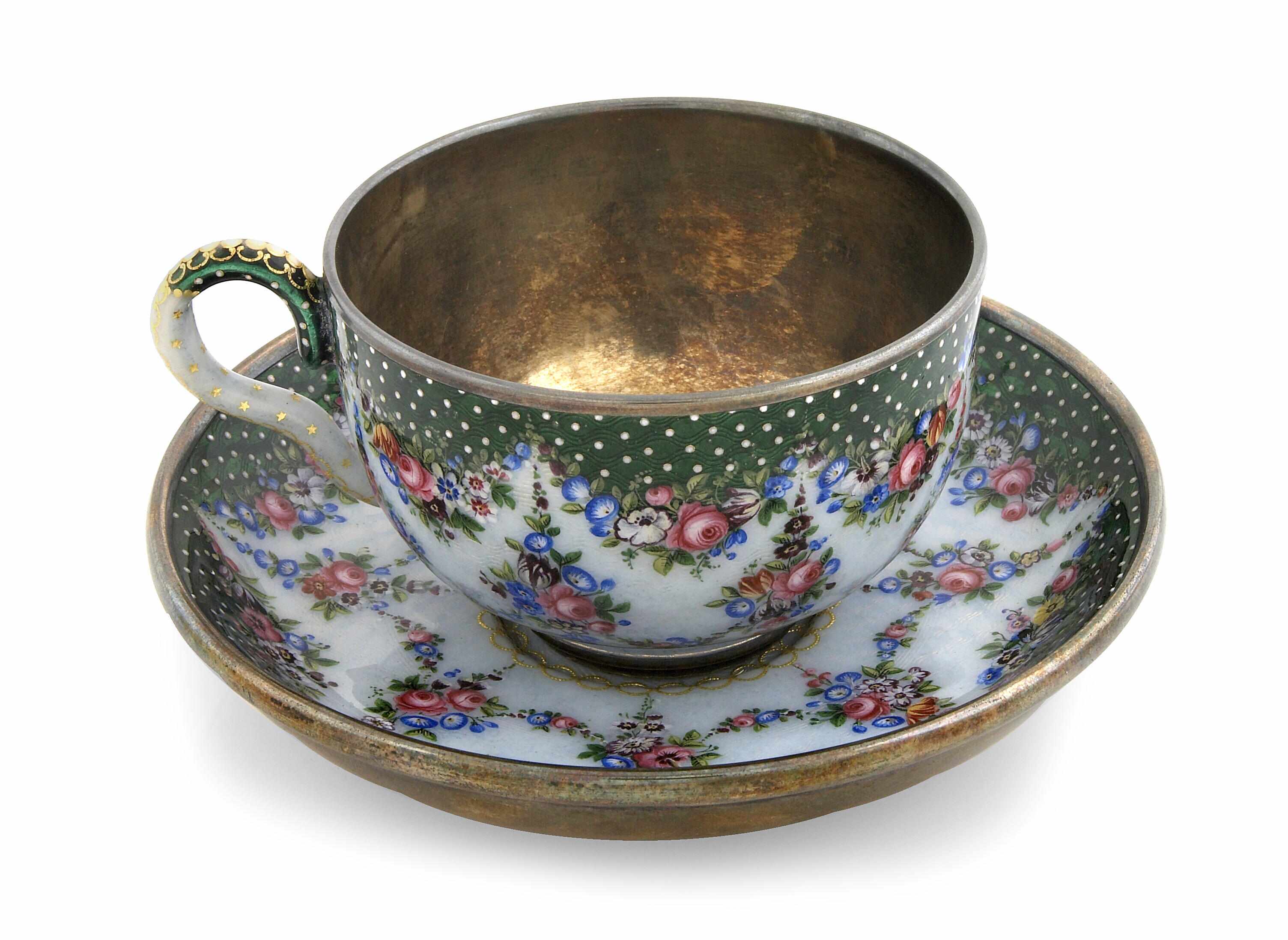 Appraisal: A continental gilt metal and enamel cup and saucer Unmarked