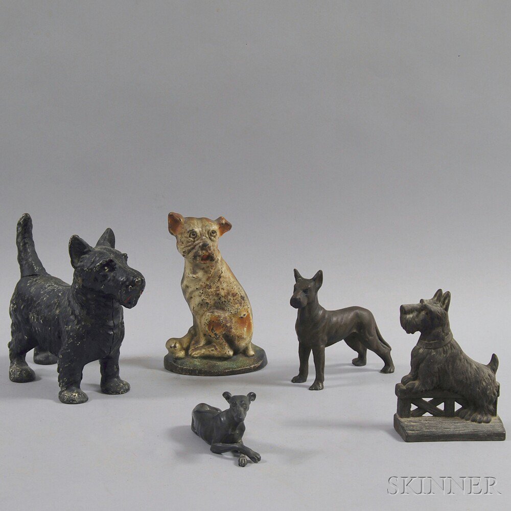 Appraisal: Five Mostly Cast Iron Dog Doorstops ht to in Estimate