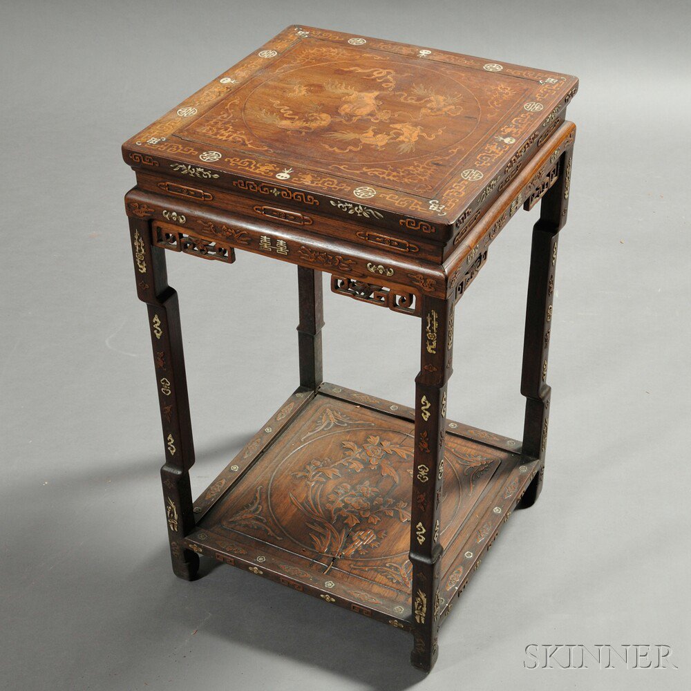 Appraisal: Inlaid Square Wood Stand China th century the legs and