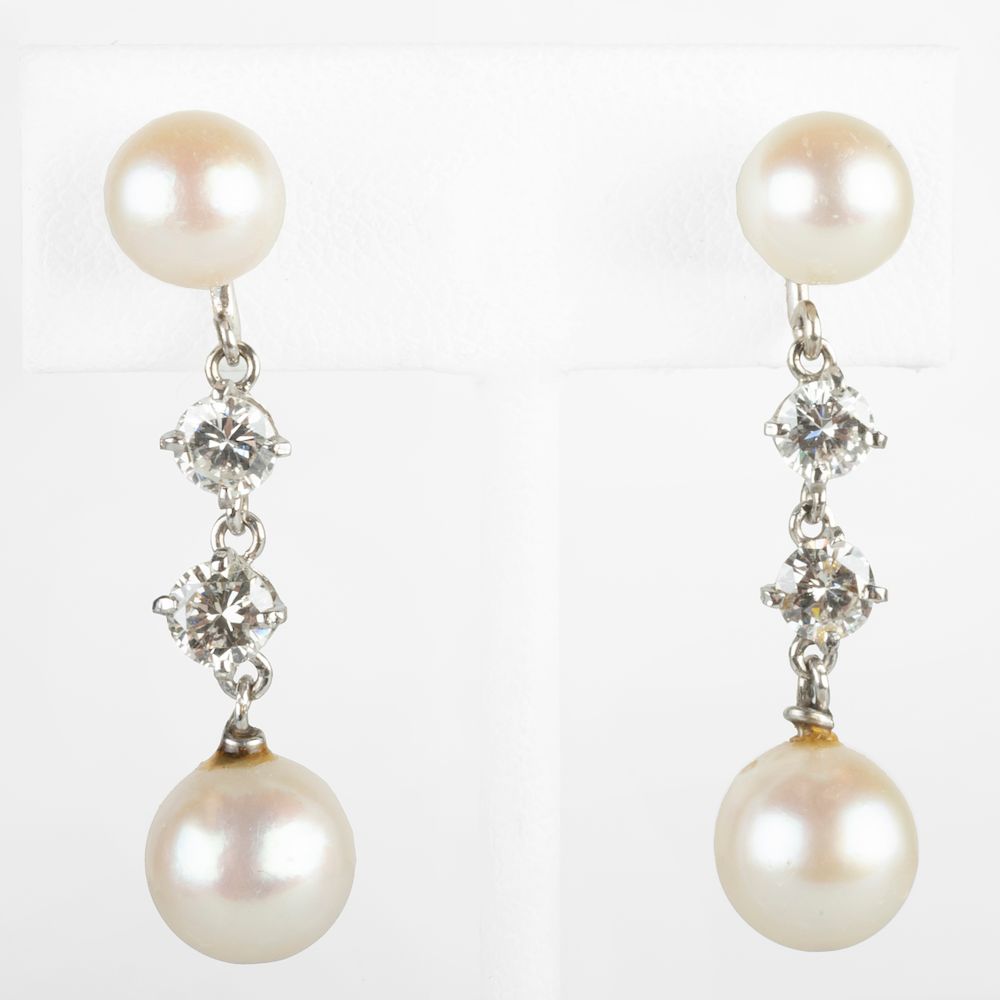 Appraisal: Platinum Pearl and Diamond Drop Earrings Platinum Pearl and Diamond