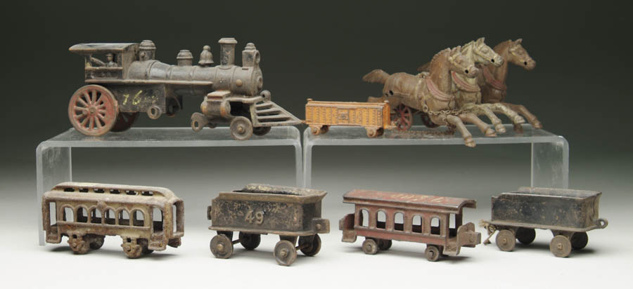 Appraisal: THREE BOXES OF ASSORTED CAST IRON HORSES TRAIN CARS ETC