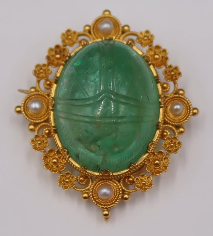 Appraisal: JEWELRY KT CARVED EMERALD AND SEED PEARL BROOCH kt yellow