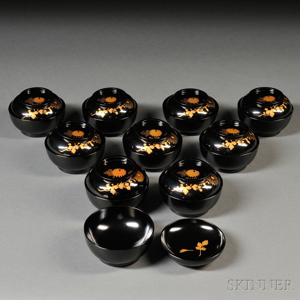 Appraisal: Set of Ten Black Lacquer Rice Bowls with Covers Japan