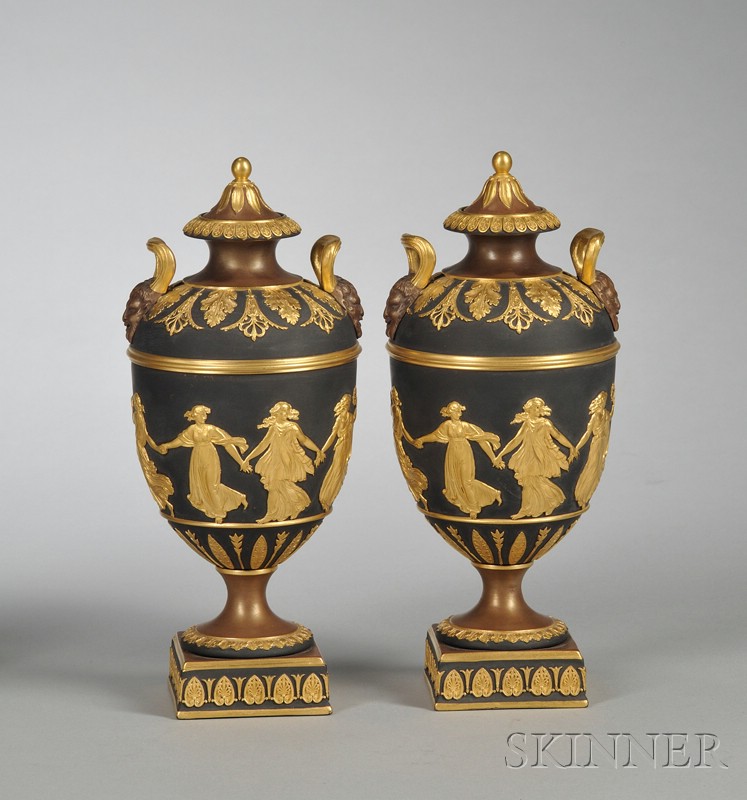 Appraisal: Pair of Wedgwood Black Basalt Vases and Covers England late