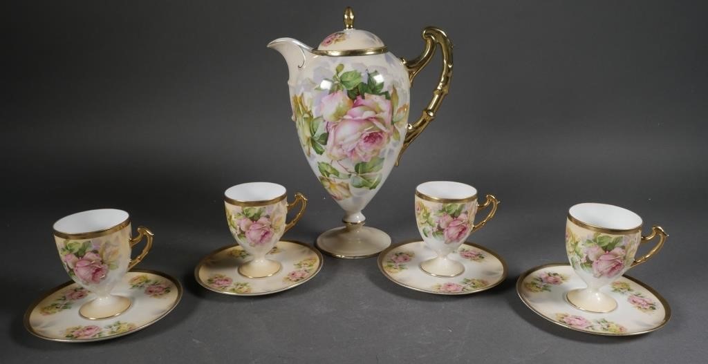 Appraisal: Antique Rudolstadt chocolate set with rose motif Pot measures -