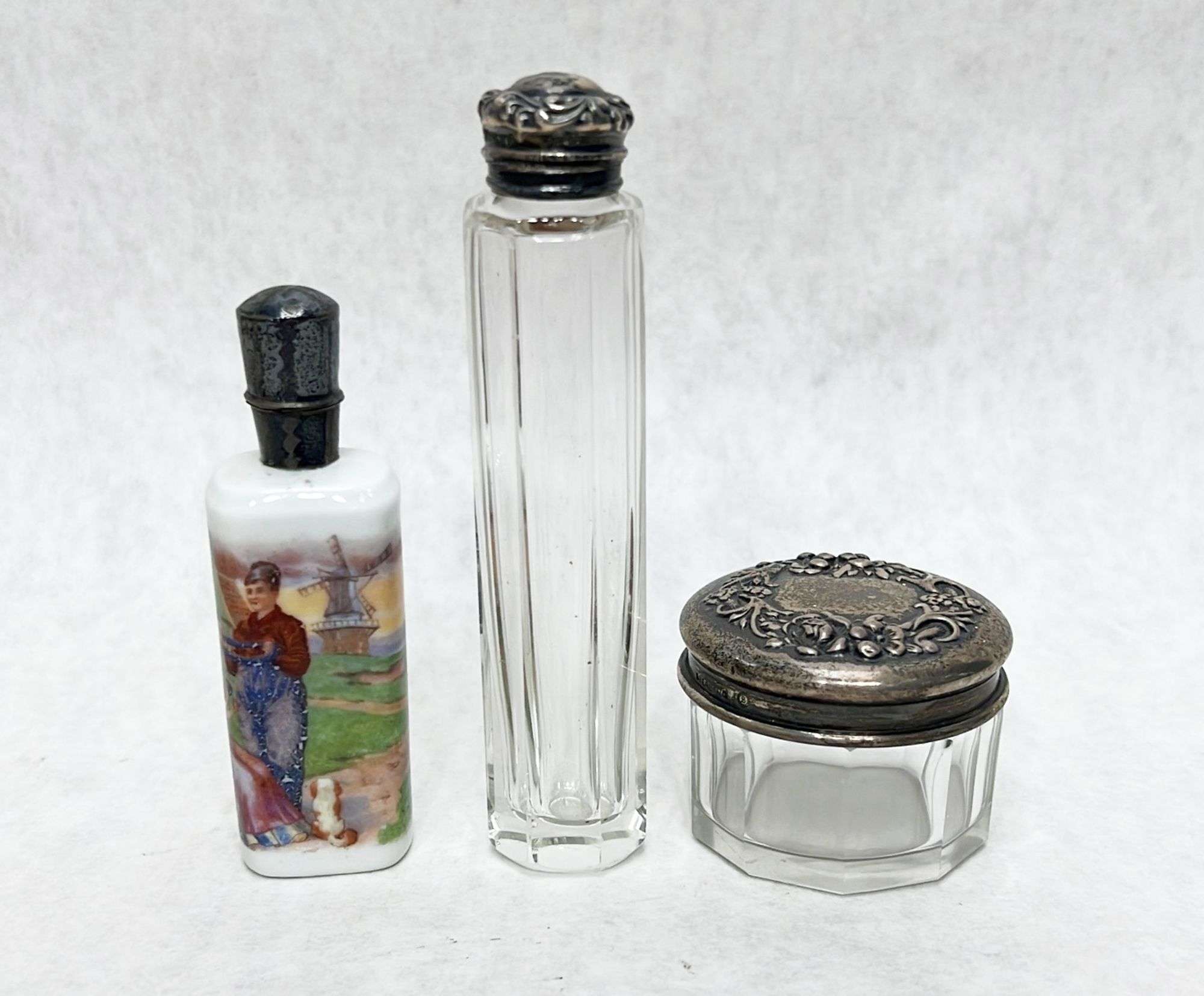 Appraisal: Scent Bottles and Powder Box with Sterling Silver Lidstall bottle