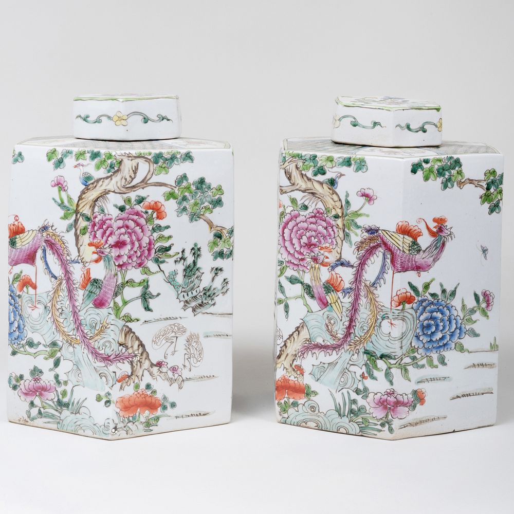 Appraisal: Pair of Large Famille Verte Porcelain Hexagonal Shaped Tea Caddies