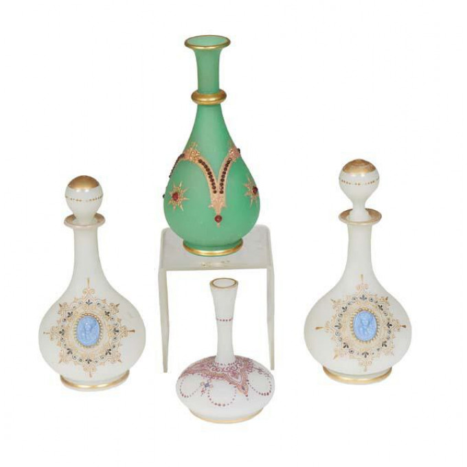 Appraisal: Group of Four Bohemian Enameled Frosted Glass Perfume Bottles late