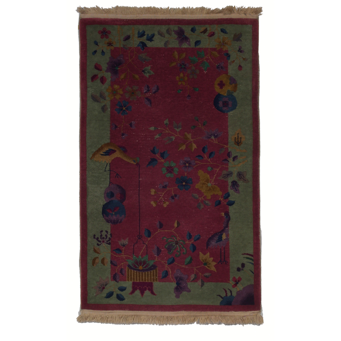 Appraisal: Art Deco Chinese rug c floral and fowl pattern on