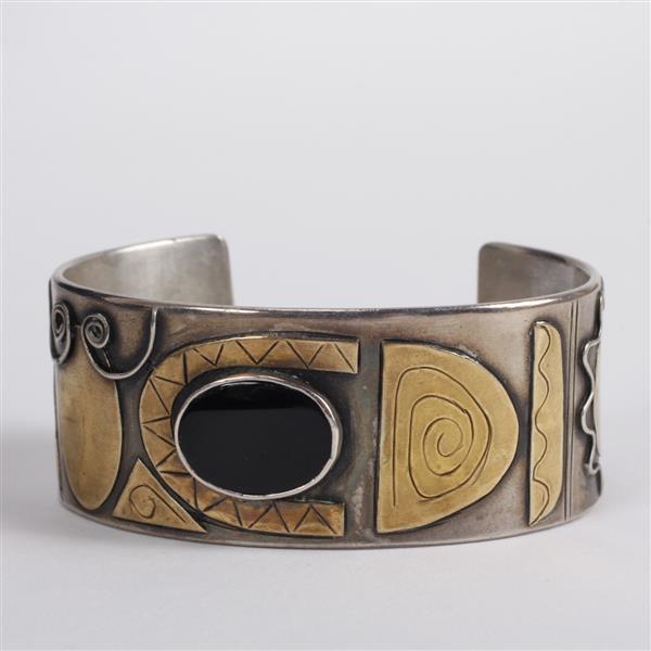 Appraisal: Sterling Silver Mixed Metal Modernist Cuff Bracelet with onyx stone