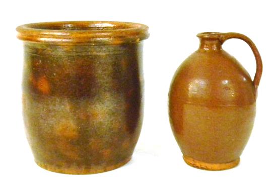 Appraisal: Two pieces of th C redware one handled jug bulbous