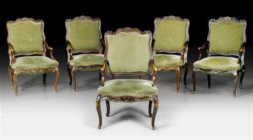 Appraisal: SET OF LARGE CARVED WALNUT ARMCHAIRS Louis XV German th