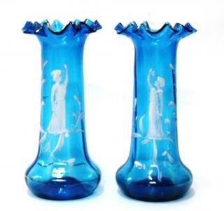 Appraisal: Pair Mary Gregory Teal Victorian Art Glass Vases Each hand-blown