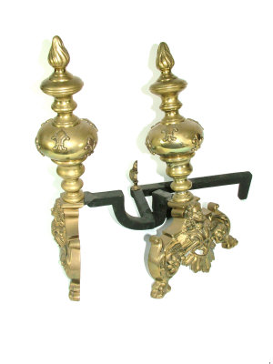 Appraisal: A pair of gilt brass and iron andirons decorated with