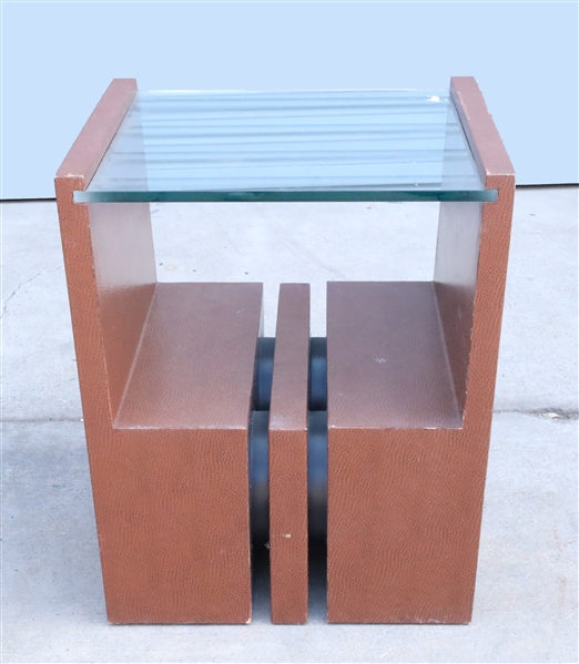 Appraisal: Mid-century glass and leather wrapped side table as-is condition H