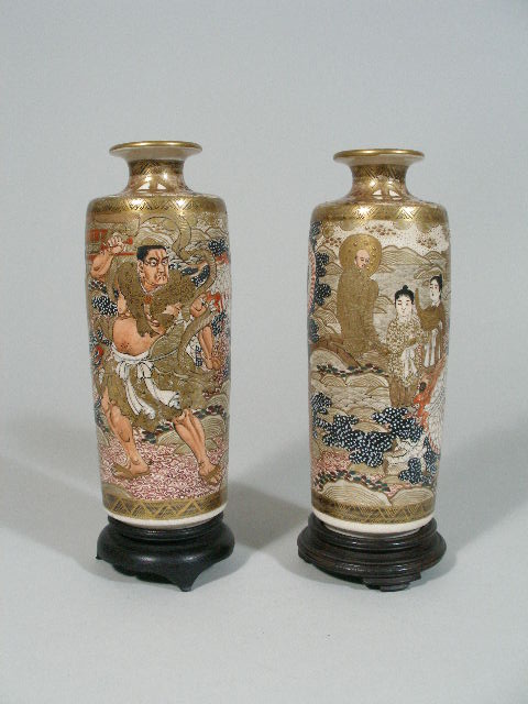 Appraisal: Pair of Satsuma Vases Japanese Later Meiji straight sided form