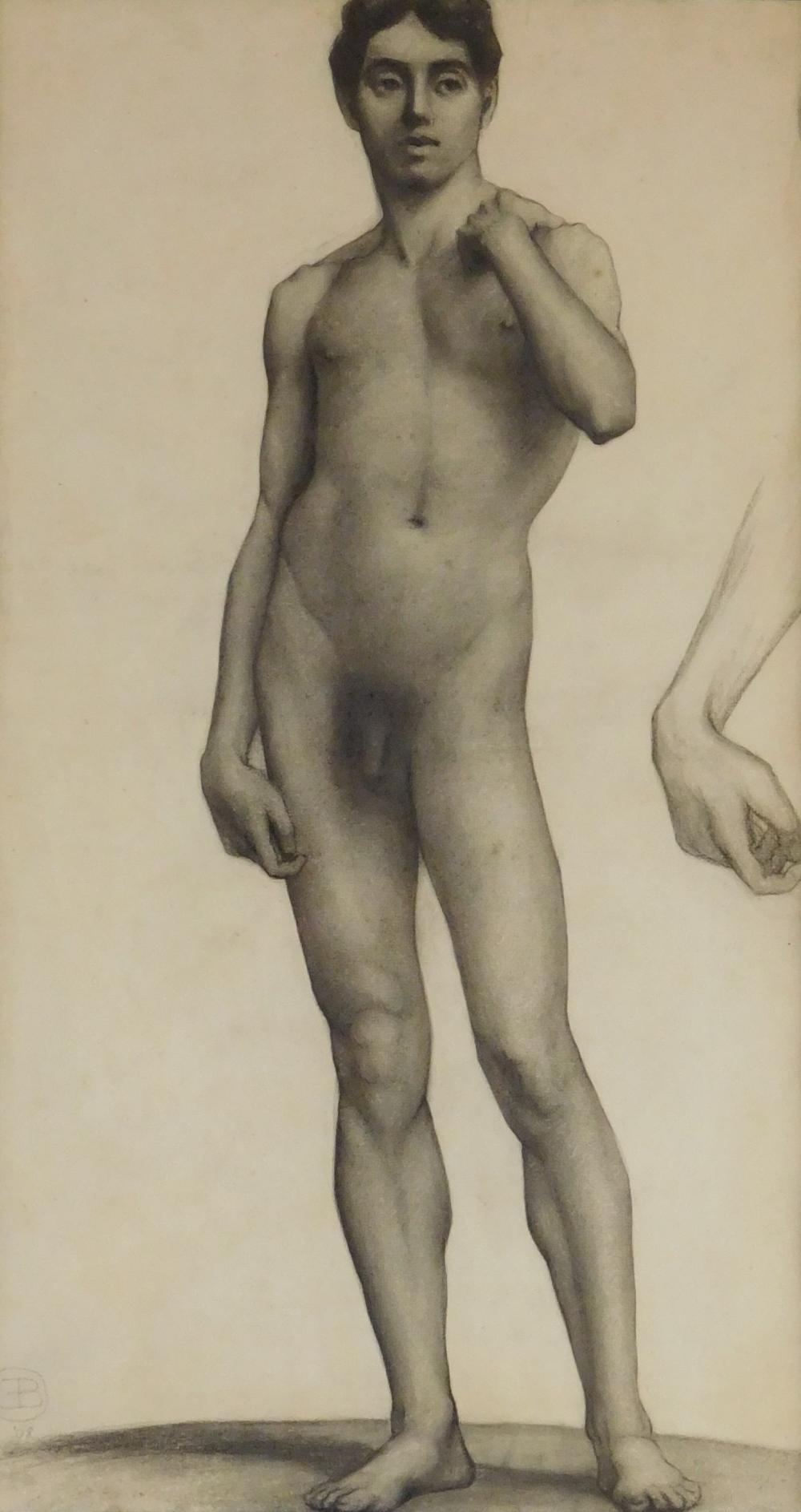 Appraisal: Charcoal drawing of male nude model in the stance of