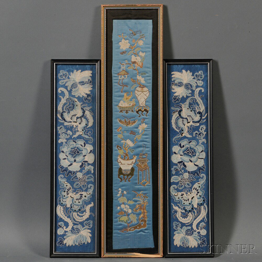 Appraisal: Three Framed Blue Silk Sleeve Bands China th early th