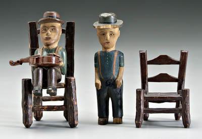 Appraisal: Folk art carvings miniature chairs carved and painted wood figures