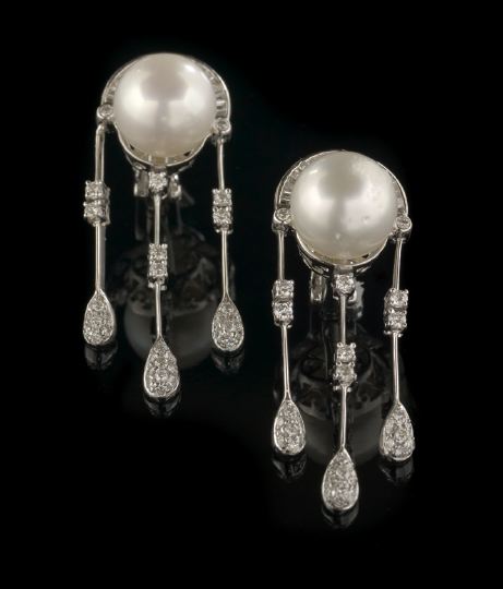 Appraisal: Stunning Pair of Eighteen-Karat White Gold Pearl and Diamond Earrings