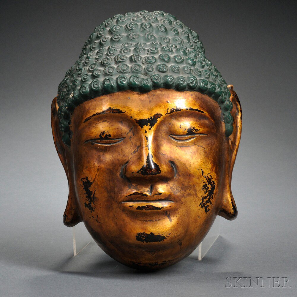 Appraisal: Papier-mache Mask China depicting Buddha's countenance with green curled hair