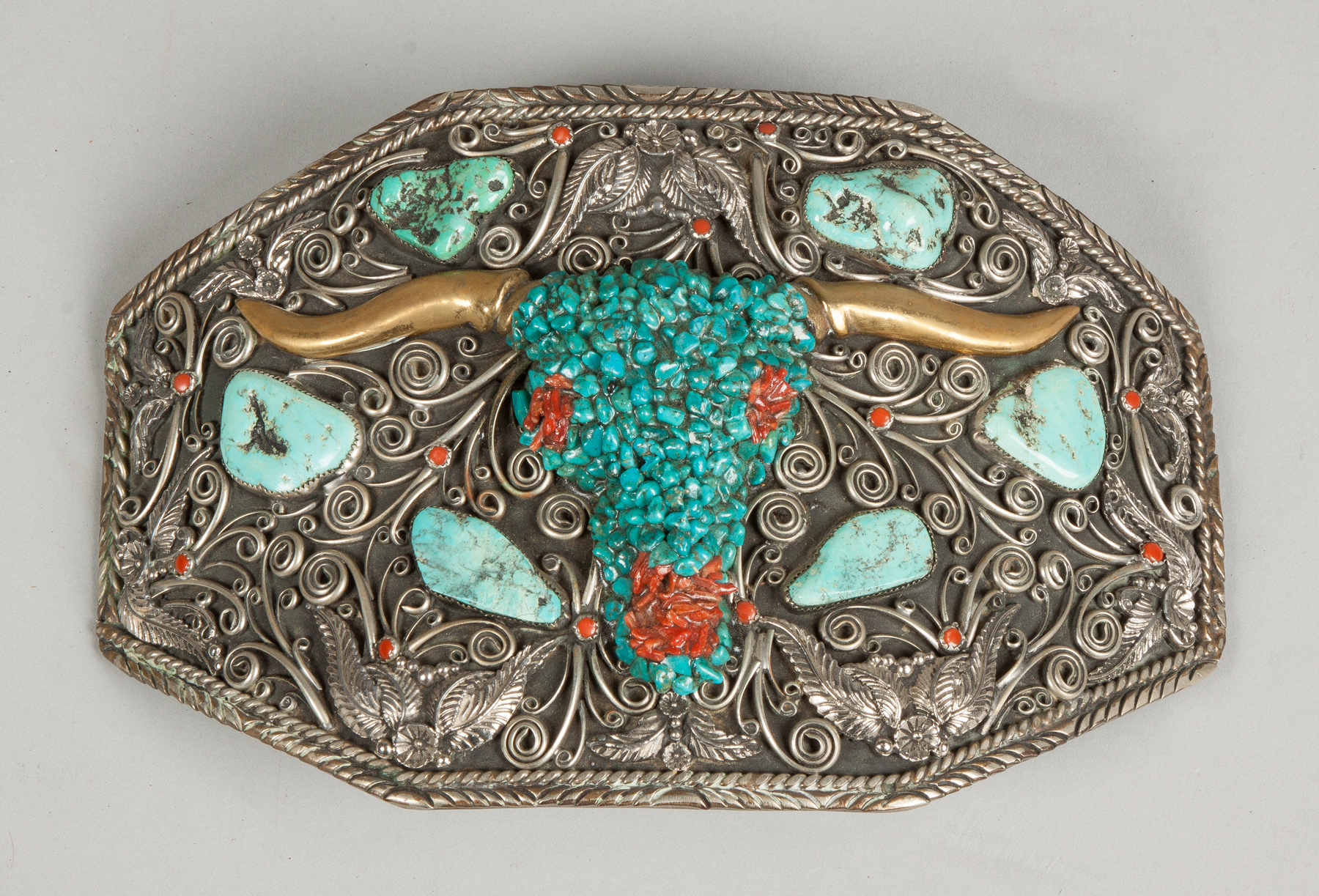 Appraisal: Vintage Navajo Silver Encrusted Turquoise Coral Buckle ozt including stones