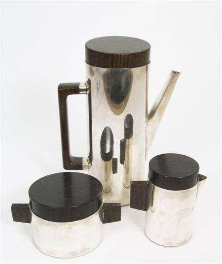 Appraisal: CONTEMPORARY DESIGN THREE PIECE WHITE METAL AND HARDWOOD COFFEE SERVICE