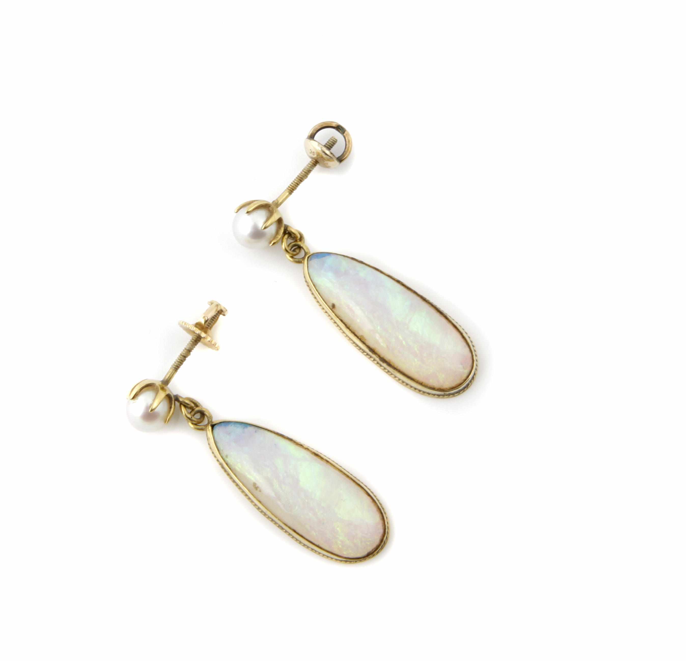 Appraisal: A pair of opal cultured pearl and gold pendant earrings