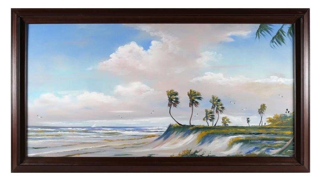 Appraisal: Large oil on board painting of a windy Florida beach